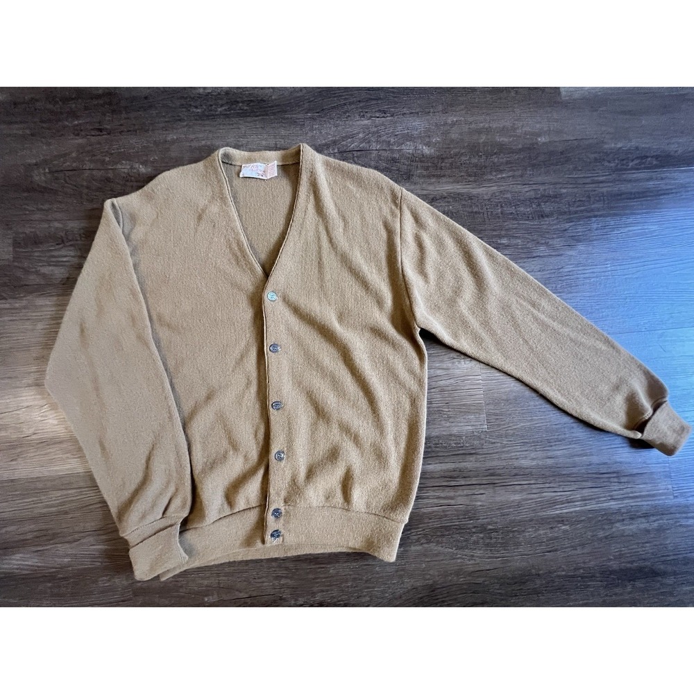 Vtg The Fox Sweater Mens X-Large Camel‎ V Neck Cardigan 80s 70s Grandpa USA A43